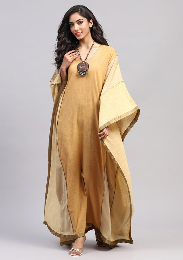 Flowy Kaftan in Earthy Colors and Bronze Tissue Trimmings