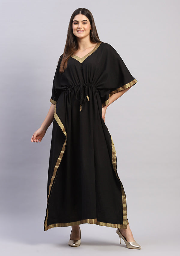 Black Cotton Kaftan with Gold Tissue Timmings