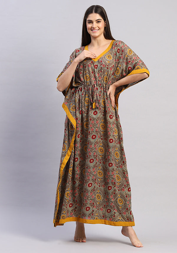 Teal Multicolor Floral Hand Block Printed Tie-Up Waist Mulmul Kaftan