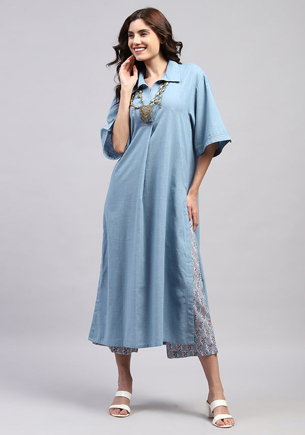 Smoke Blue Collared Co-ord Set with Printed Pants