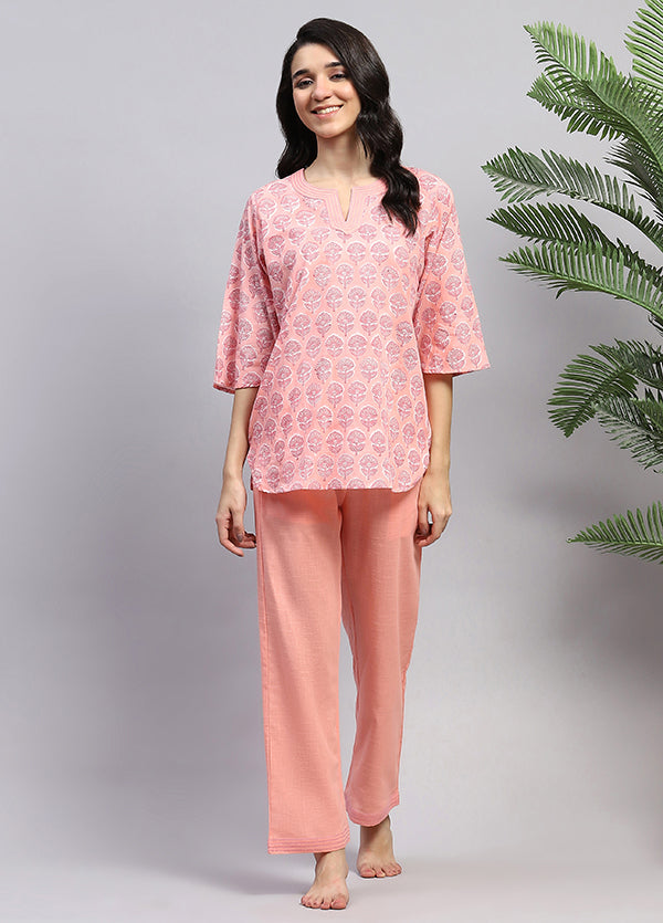 Peach Pink Floral Hand Block Printed Cotton Night Suit