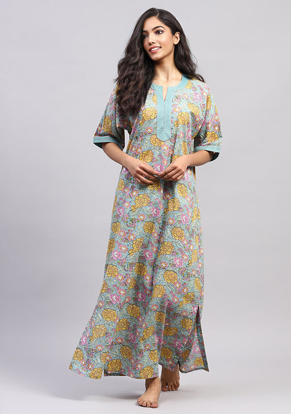 Aqua Yellow Hand Block Printed Floral Nighty Kaftan with Contrast Stitch Lines