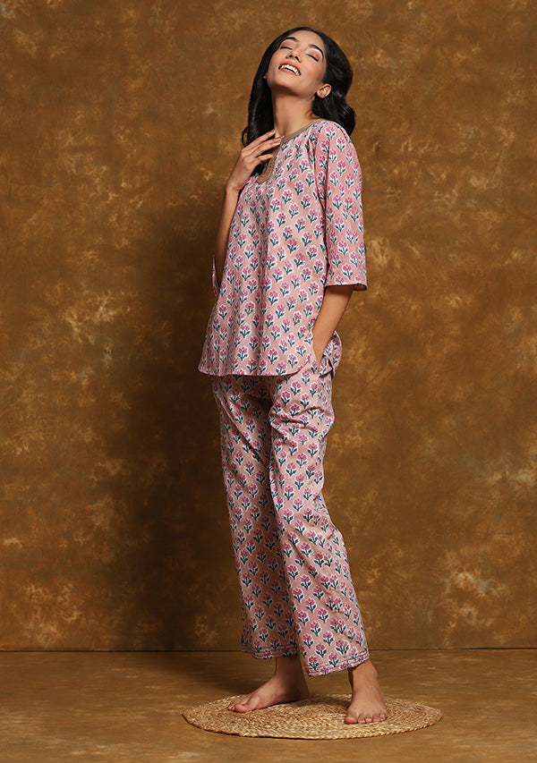Pink Flower Motif Hand Block Printed Cotton Night Suit with Silver Trimmings