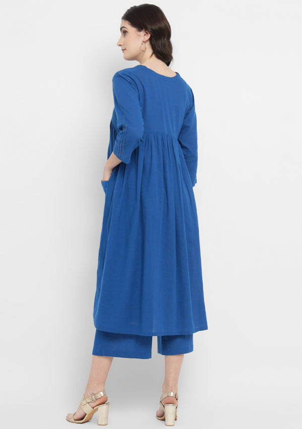 Royal Blue Co-ord Set with Gold Tissue Piping and Dig-in Pockets