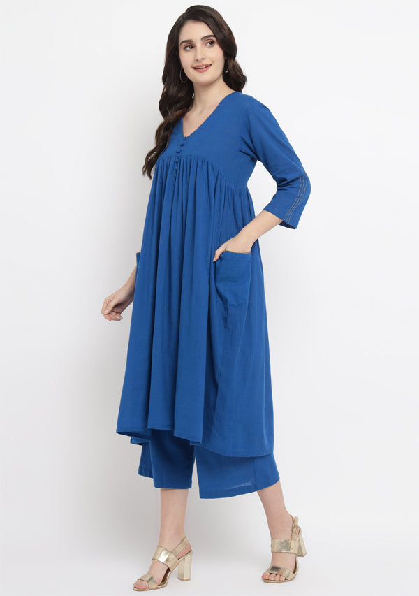 Royal Blue Co-ord Set with Gold Tissue Piping and Dig-in Pockets