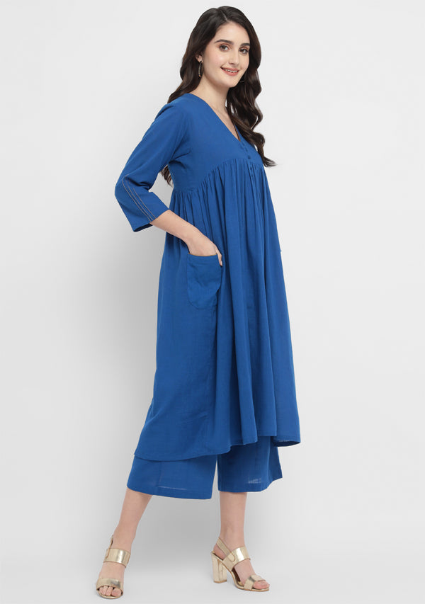 Royal Blue Co-ord Set with Gold Tissue Piping and Dig-in Pockets