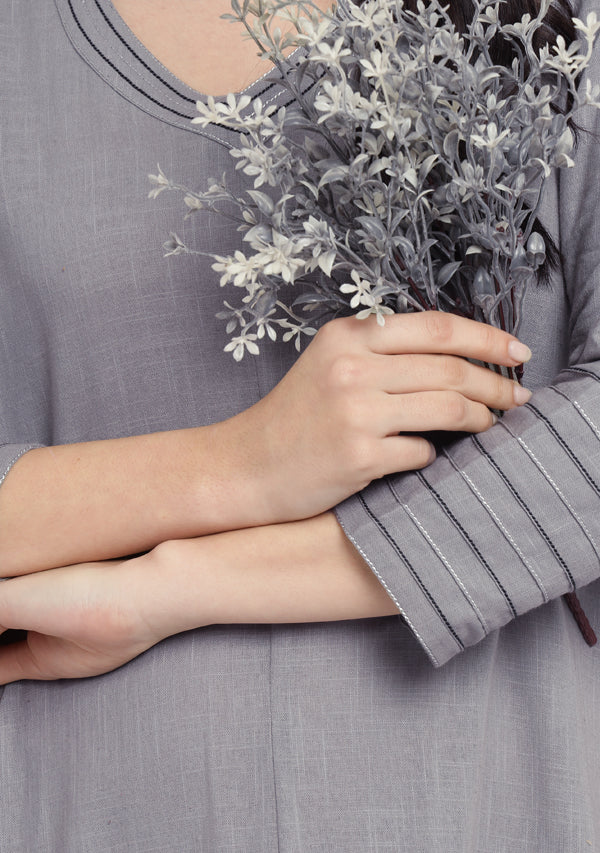 Grey A Line Cotton Dress with Silver and Grey Stitch Lines
