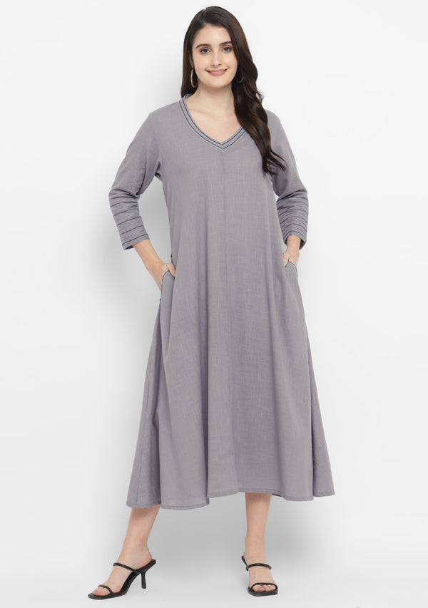 Grey A Line Cotton Dress with Silver and Grey Stitch Lines