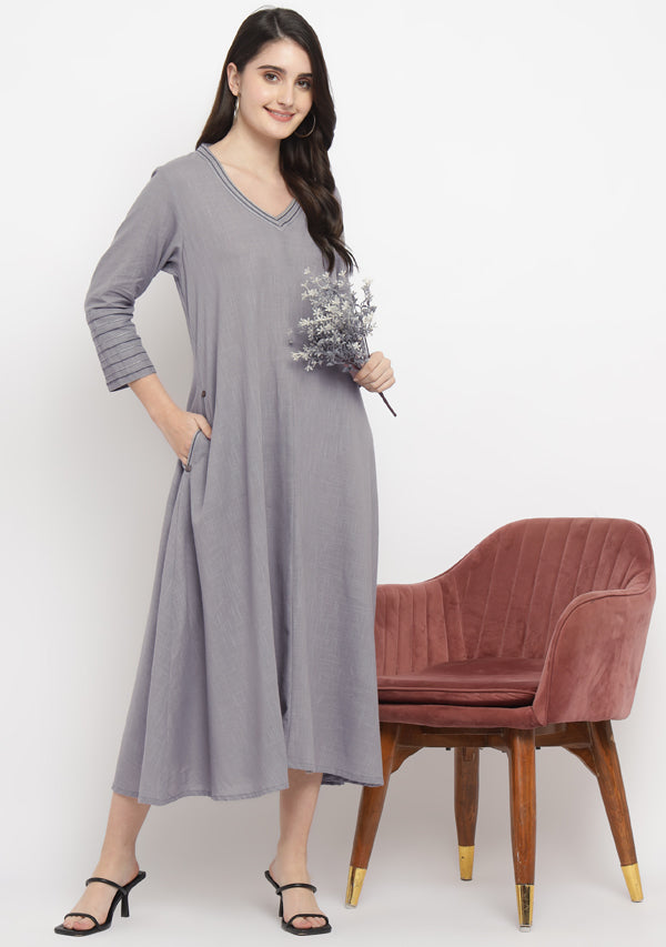 Grey A Line Cotton Dress with Silver and Grey Stitch Lines