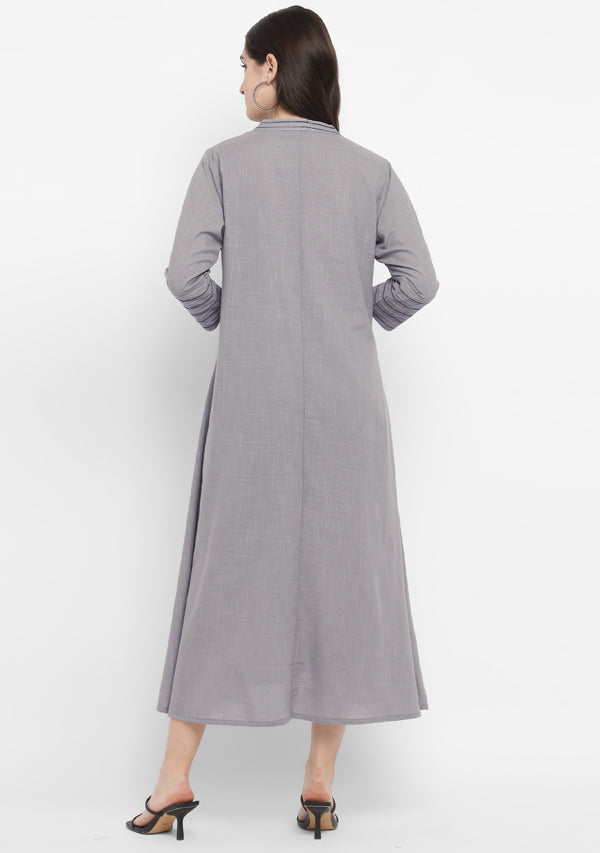Grey A Line Cotton Dress with Silver and Grey Stitch Lines