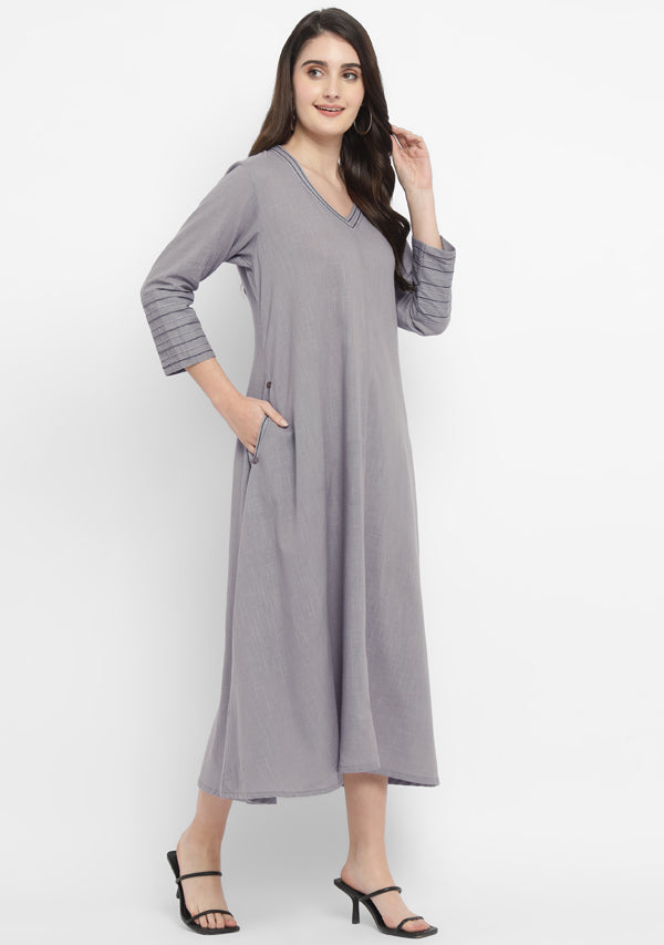Grey A Line Cotton Dress with Silver and Grey Stitch Lines