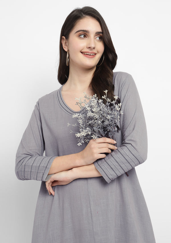 Grey A Line Cotton Dress with Silver and Grey Stitch Lines