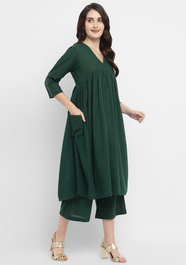 Emerald Green Co-ord Set with Gold Tissue Piping and Dig-in Pockets