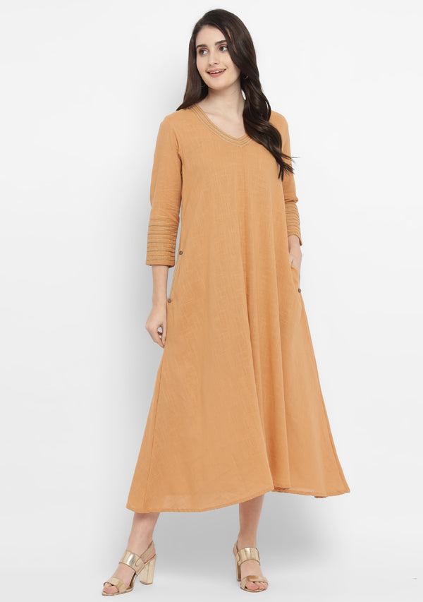 Mustard A-Line Cotton Dress with Gold and Blue Stitch Lines