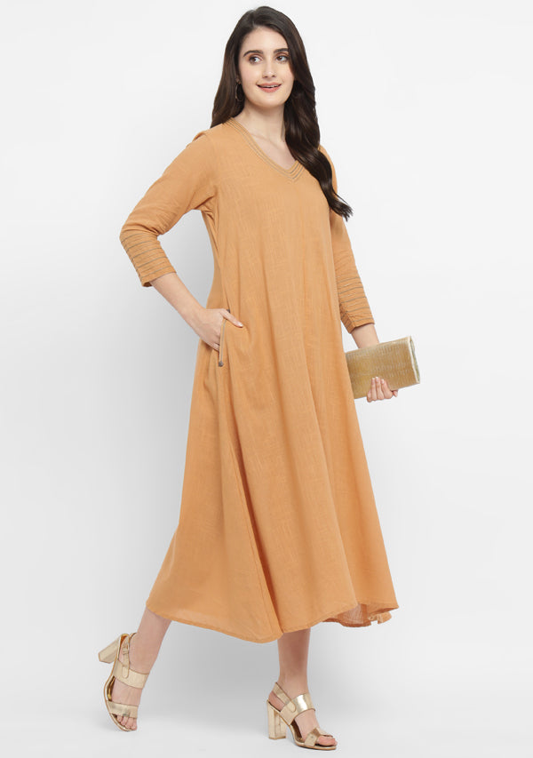 Mustard A-Line Cotton Dress with Gold and Blue Stitch Lines