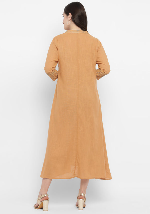 Mustard A-Line Cotton Dress with Gold and Blue Stitch Lines