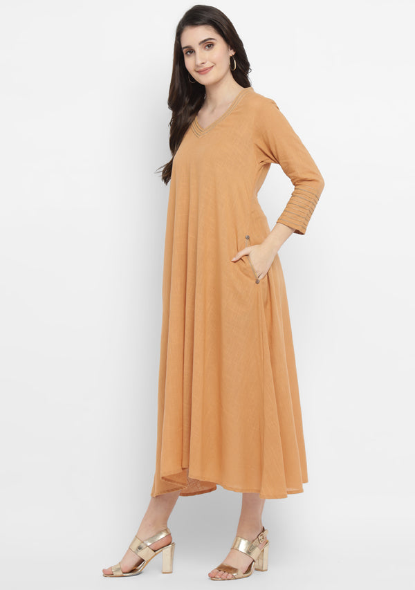 Mustard A-Line Cotton Dress with Gold and Blue Stitch Lines