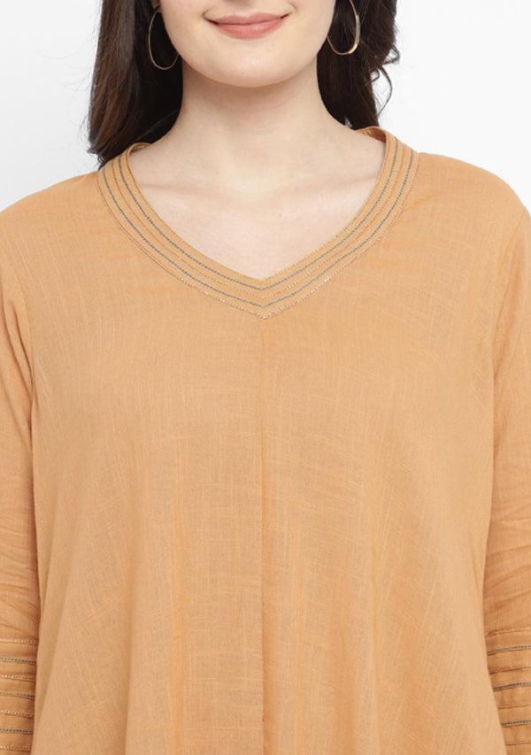 Mustard A-Line Cotton Dress with Gold and Blue Stitch Lines