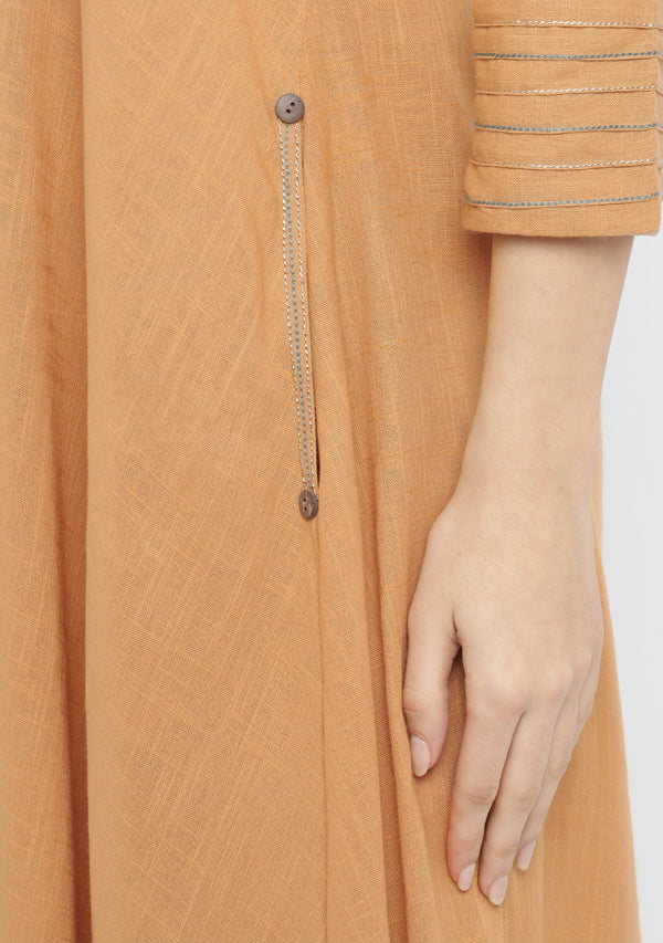 Mustard A-Line Cotton Dress with Gold and Blue Stitch Lines