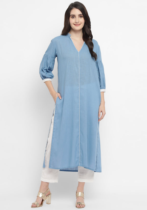Smoke Blue Cotton Co-ord Set with White Pants and Silver Trimmings