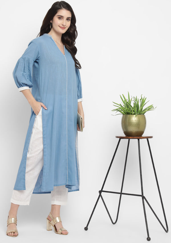 Smoke Blue Cotton Co-ord Set with White Pants and Silver Trimmings