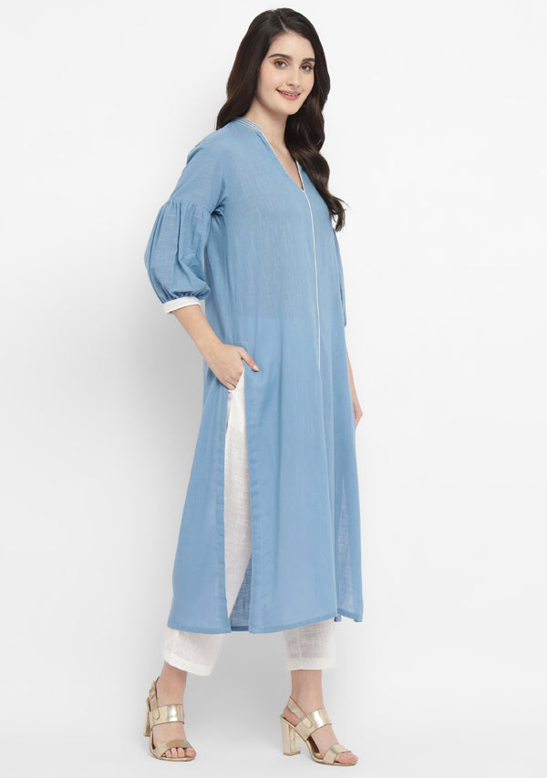 Smoke Blue Cotton Co-ord Set with White Pants and Silver Trimmings