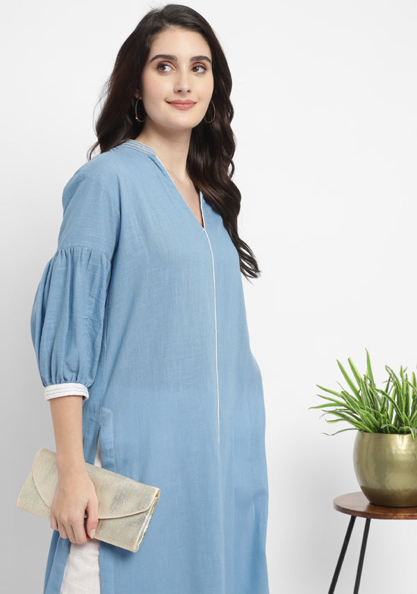 Smoke Blue Cotton Co-ord Set with White Pants and Silver Trimmings