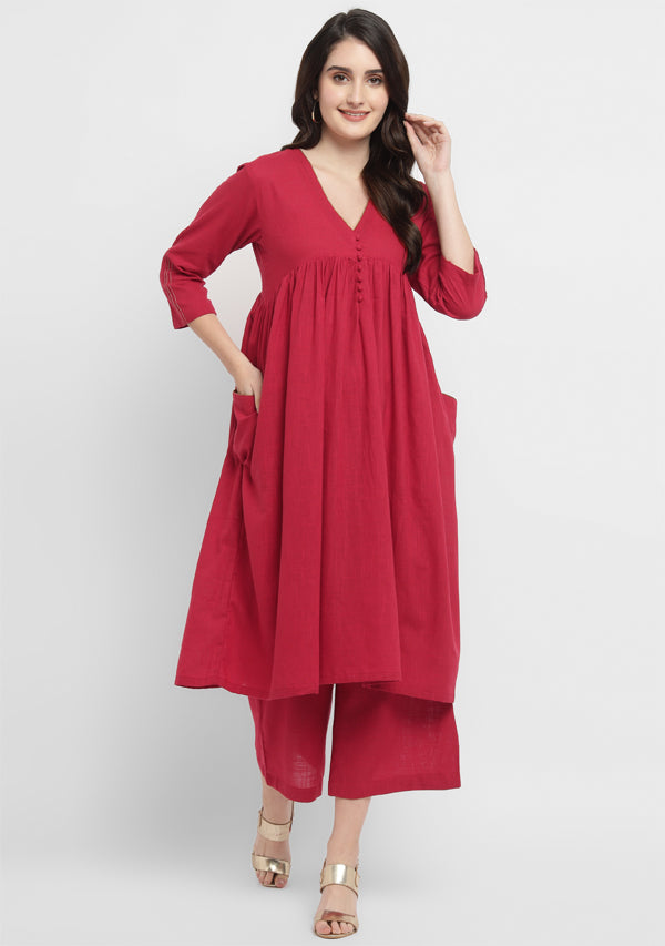 Maroon Co-ord Set with Gold Tissue Piping and Dig-in Pockets