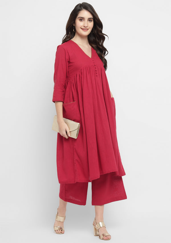 Maroon Co-ord Set with Gold Tissue Piping and Dig-in Pockets