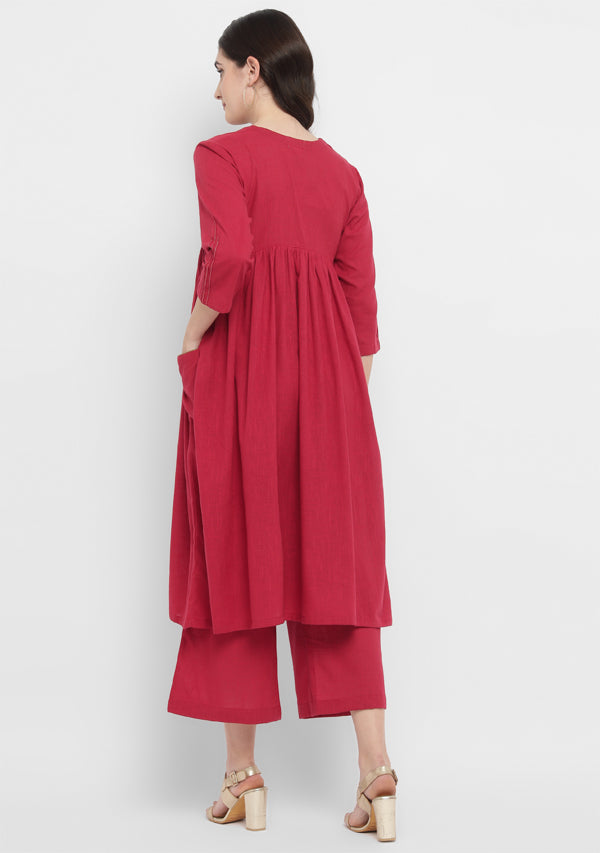 Maroon Co-ord Set with Gold Tissue Piping and Dig-in Pockets