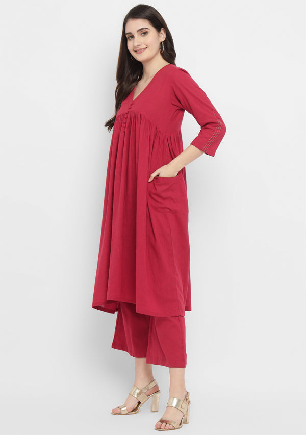 Maroon Co-ord Set with Gold Tissue Piping and Dig-in Pockets