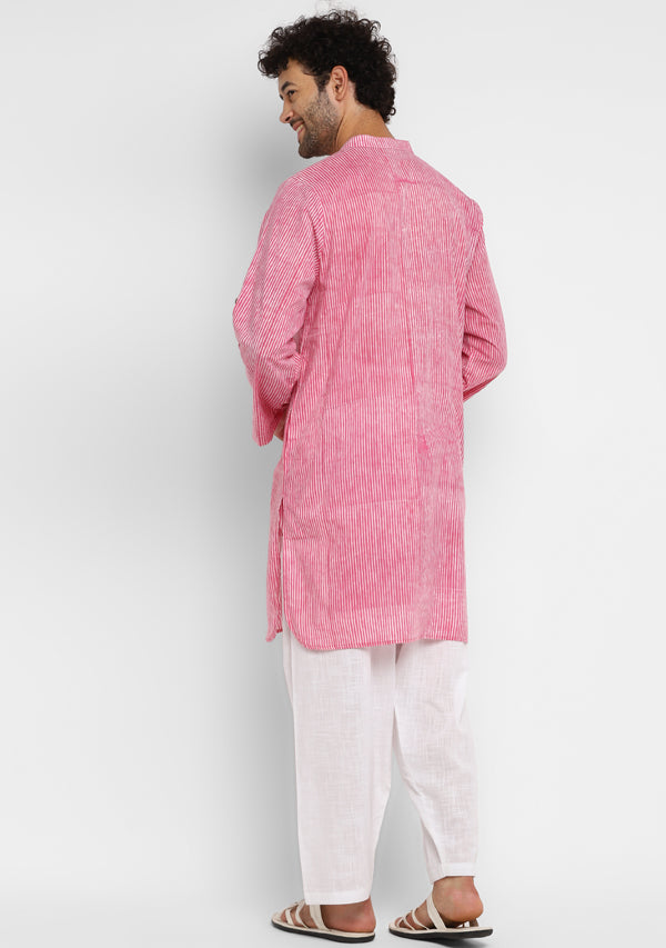 Pink White Striped Kurta and Pathani Salwar For Men