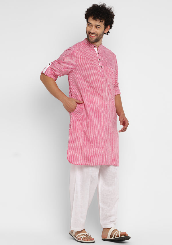 Pink White Striped Kurta and Pathani Salwar For Men