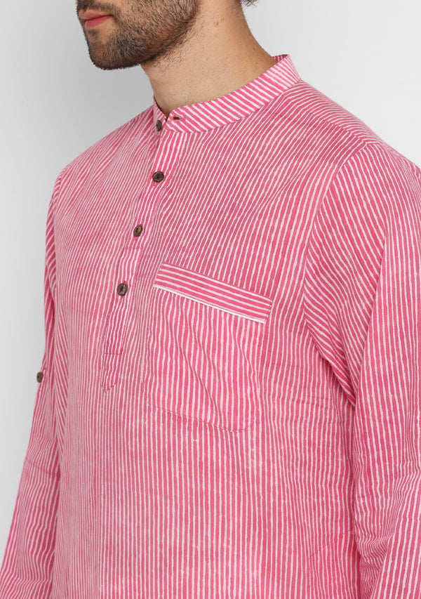 Pink White Striped Kurta and Pathani Salwar For Men