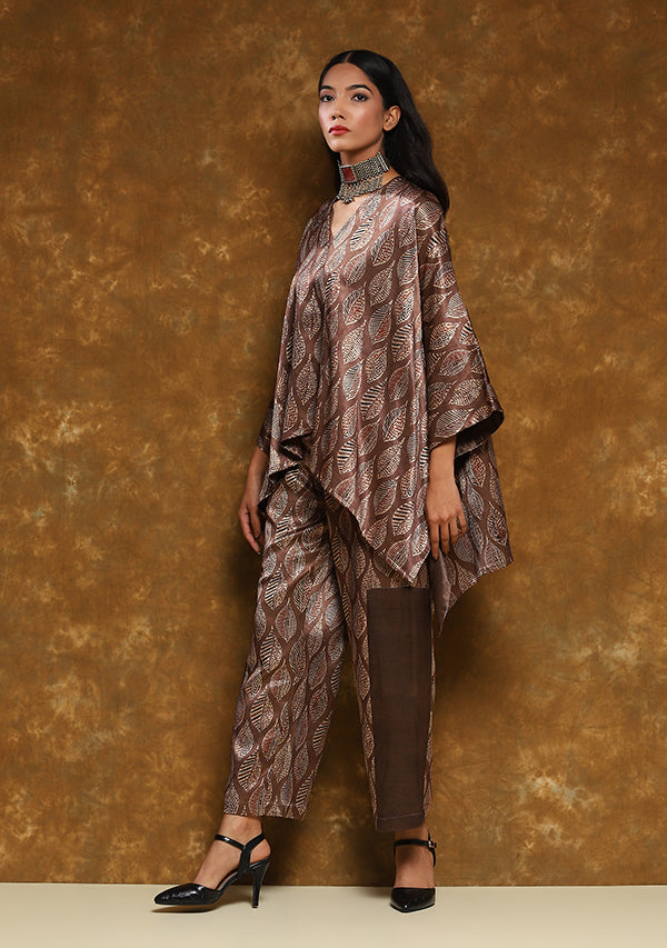 Brown Red Hand Block Printed Asymmetric Mushru Co-ord Set