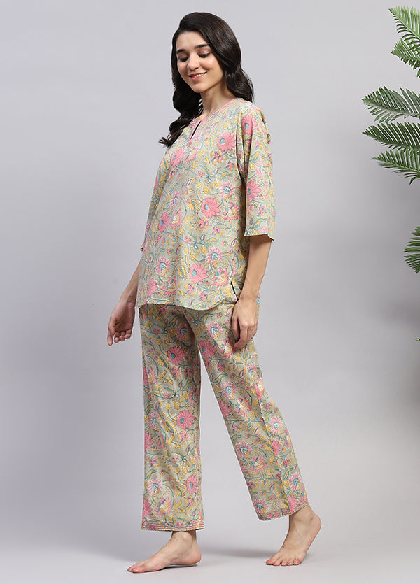 Soft Green Pink Floral Hand Block Printed Cotton Night Suit