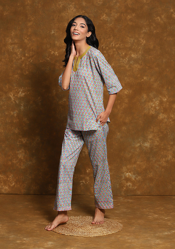 Sky Blue  Pink Flower Motif Hand Block Printed Cotton Night Suit with Gold Trimmings