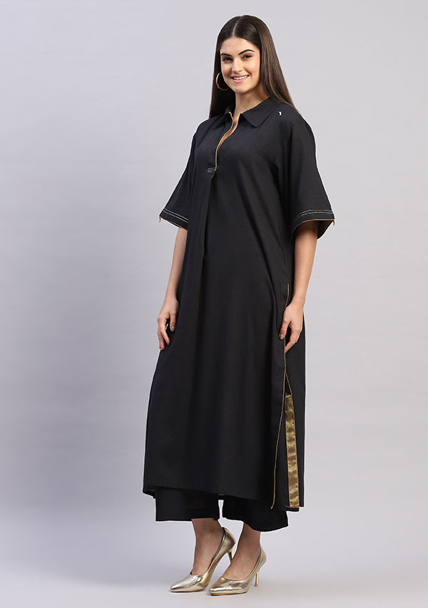 Black Collared Co-ord Set with Bronze Trimmings Paired With Pants