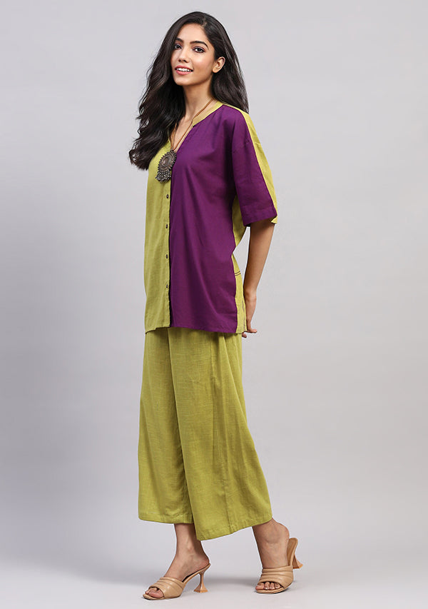 Olive Green Mauve Front Open Cotton Co-ord Set  with Pants