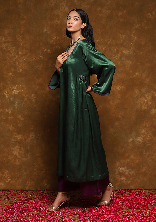 Green Mushru Kurta with Gold Trimmings (Top Only)