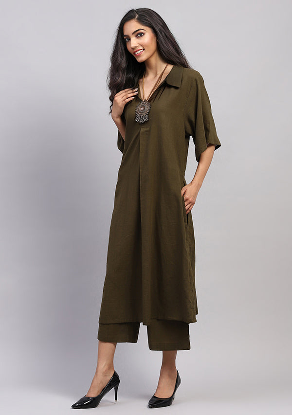 Military Green Collared Co-ord Set With Pants
