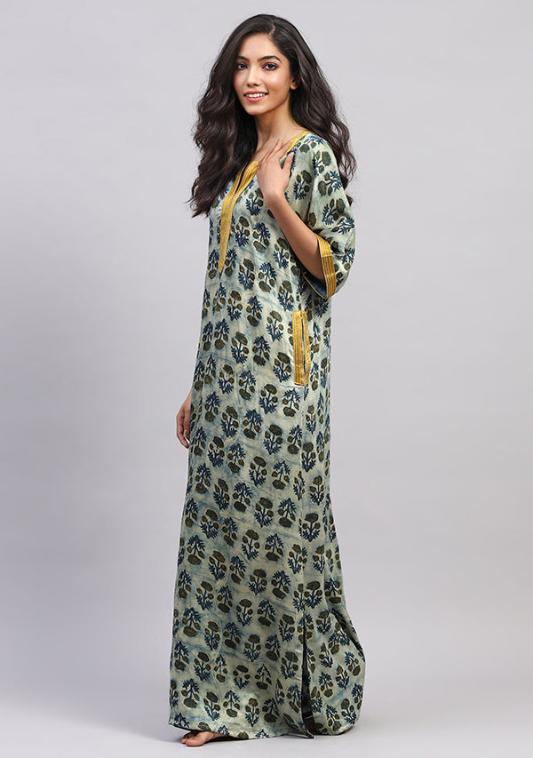 Yellow Blue  Floral Modal Luxury Nighty Kaftan with Stitch Lines