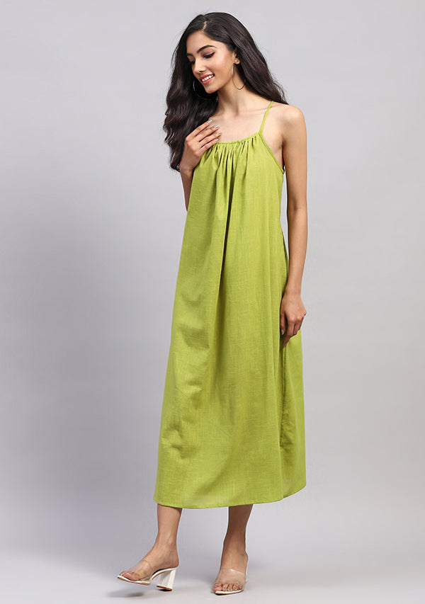 Olive Green Sleeveless Cotton Strap Dress