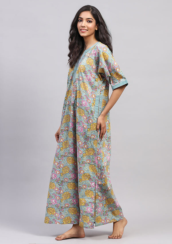 Aqua Yellow Hand Block Printed Floral Nighty Kaftan with Contrast Stitch Lines