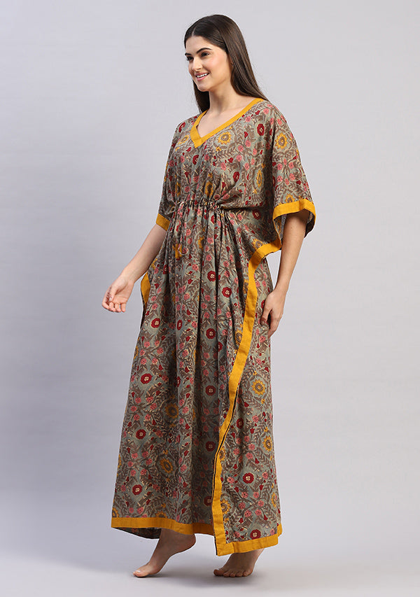 Teal Multicolor Floral Hand Block Printed Tie-Up Waist Mulmul Kaftan