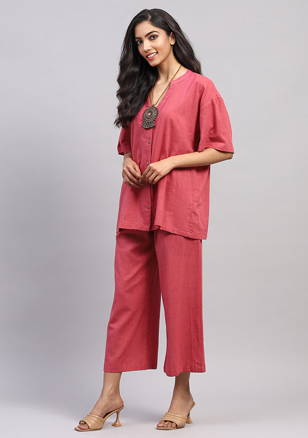 Peach Front Open Cotton Co-ord Set With Pants
