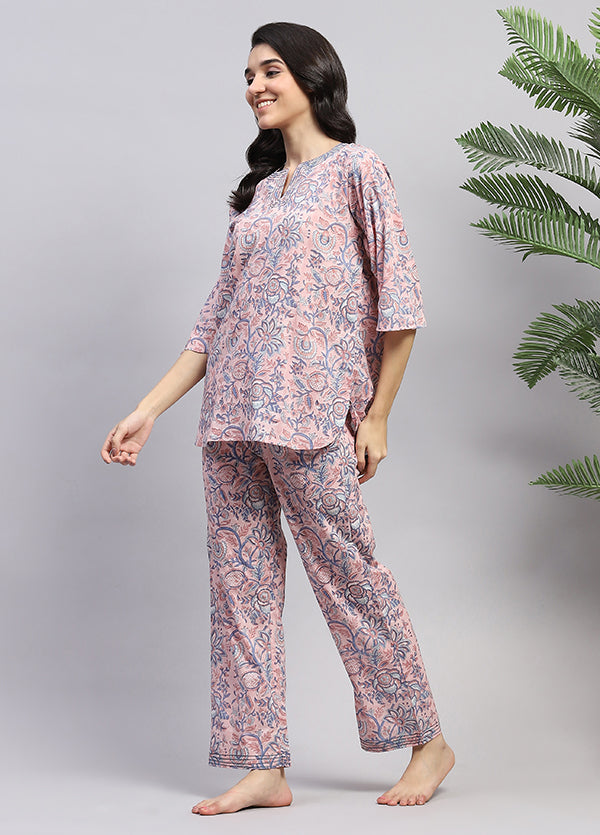 Pink Smoke Blue Floral Hand Block Printed Cotton Night Suit