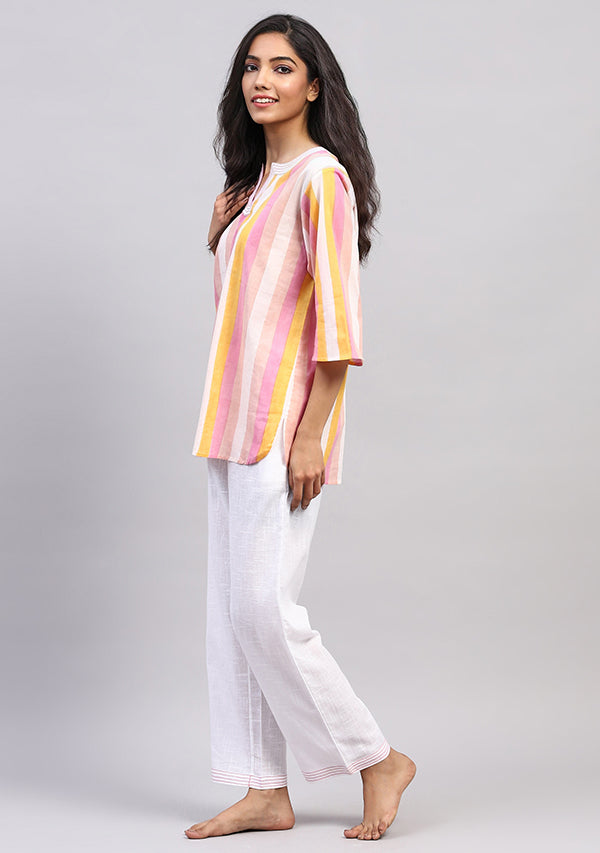 Pink White Multicolor Striped Hand Block Printed Cotton Night Suit