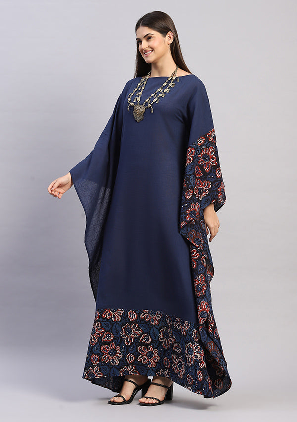 Flowy Navy Blue Cotton Kaftan with Hand Block Printed Detail