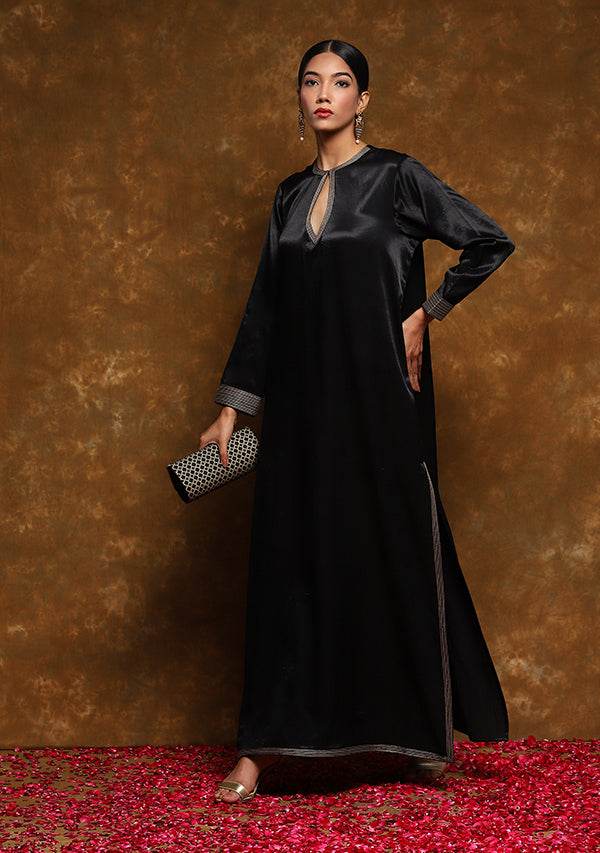 Black Long Mushru Kurta with Gold Trimmings (TOP ONLY)